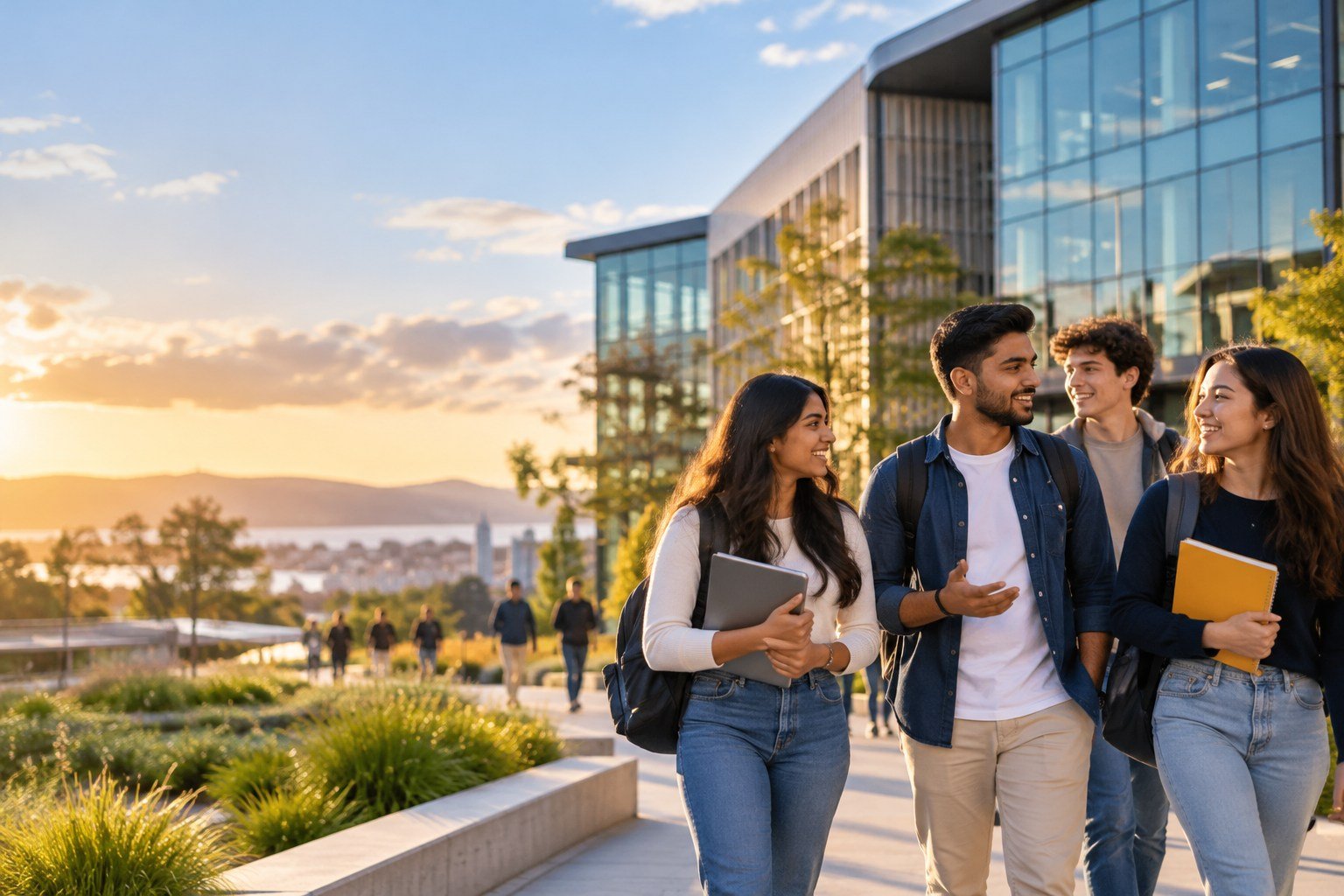 Illustrative students at a modern university campus